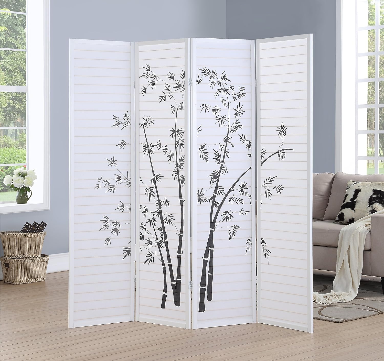 Room Divider Bamboo - 4-teiliger Raumteiler mit Bambusdruck und weißem